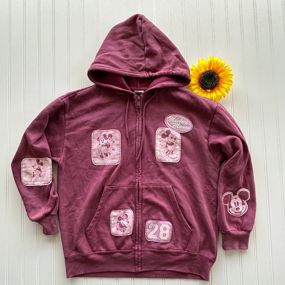 Disney Zip Hoodie Size Medium Women PINK Mickey Minnie Mouse with Patches
